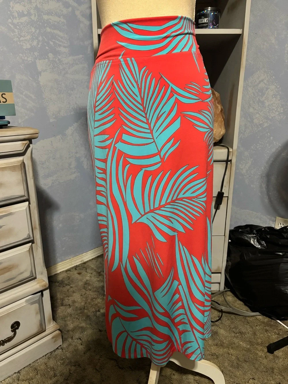 Kim & Co Tropical Palm Print Maxi Skirt Papaya Turquoise XL Made in Canada - Picture 2 of 7